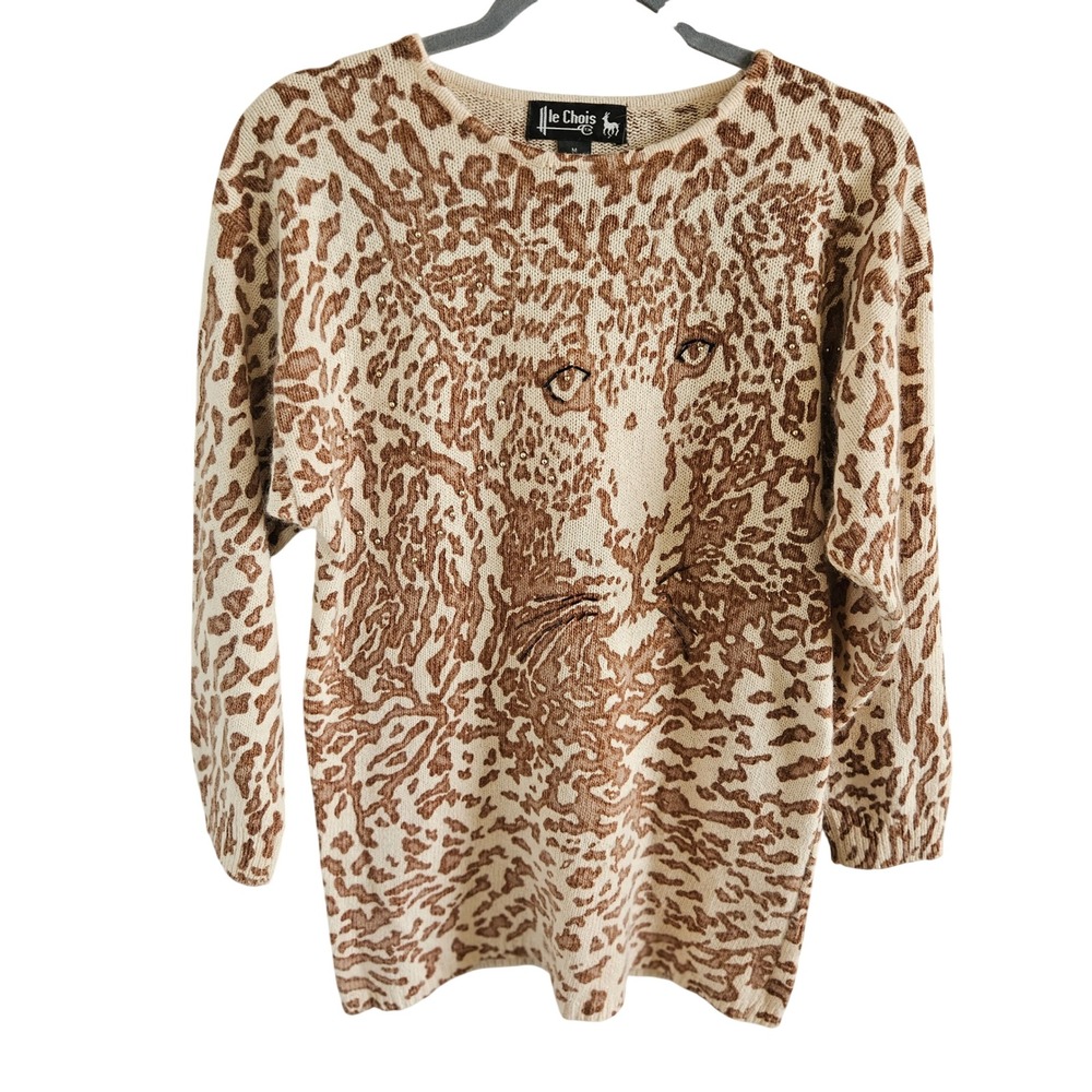 Vintage Le Chois Leopard Face Silk Angora Blend Beaded Sweater Brown Tan Medium